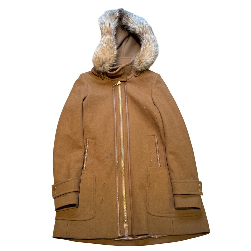 Trina Turk Wool Coat Real Coyote Fur Hood‎ Leather Trim Brown Jacket Size 8